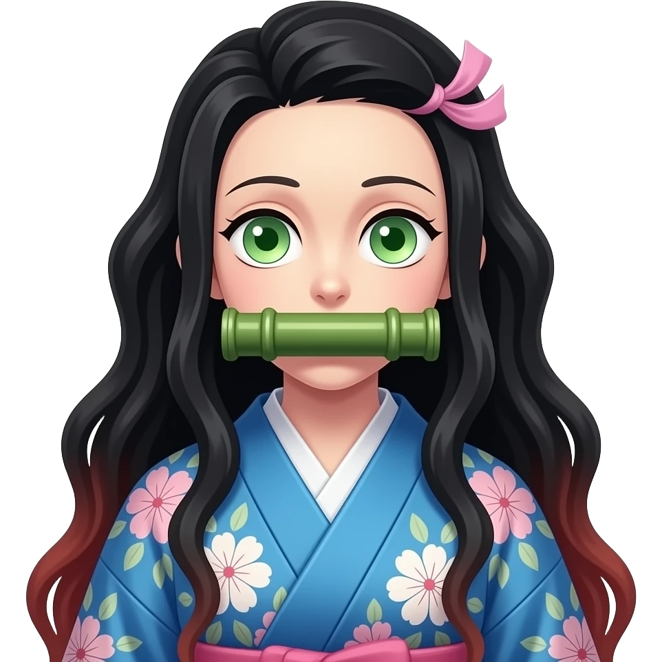Que se parezca a Nezuco Demon Slayer pero con los ojos verdes el bambú grueso en la boca el kimono azul y flores color pastel emoji