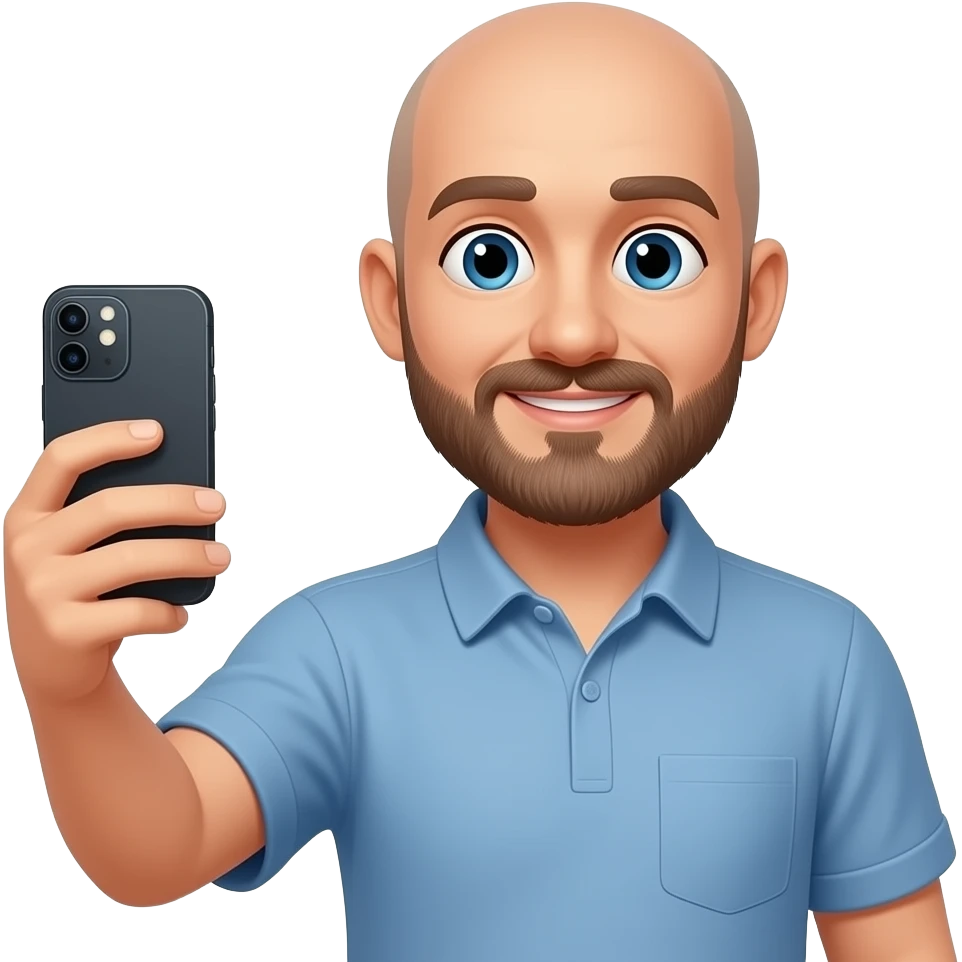 taking a picture of a bald guy with a beard with a foldable phone emoji