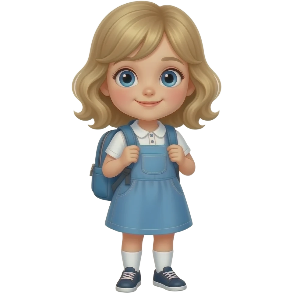 white kid blue eyes mid length with bangs soft curly hair to shoulders in color: middle to little darker blonde, in a dress, packing a back pack for school emoji