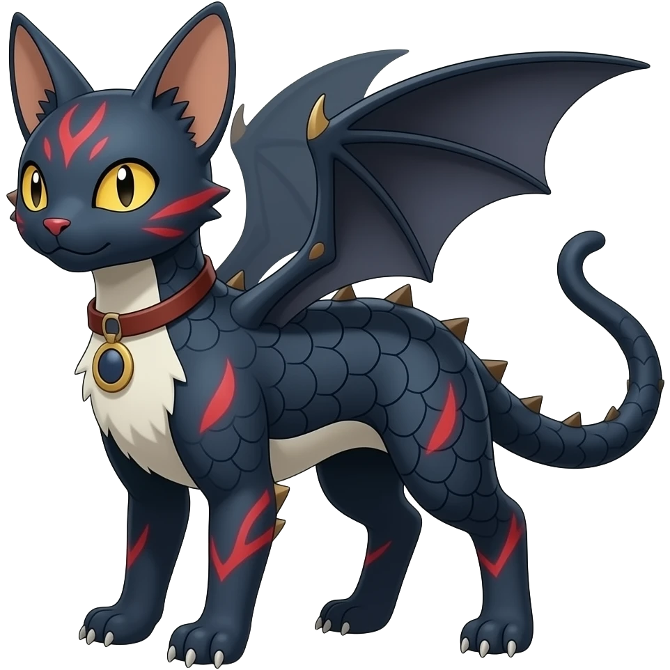 Realistic oriental Digitigrade quadrupedal gothic cool edgy cute midnight scaly blue-gray-black, with red markings, white belly, scaley Bastet-Salandit-Absol-Litten-Digimon-Fakémon-Pokémon-creature (full body), tiny spikes on back, with bat-EAR-wings on head as ears emoji