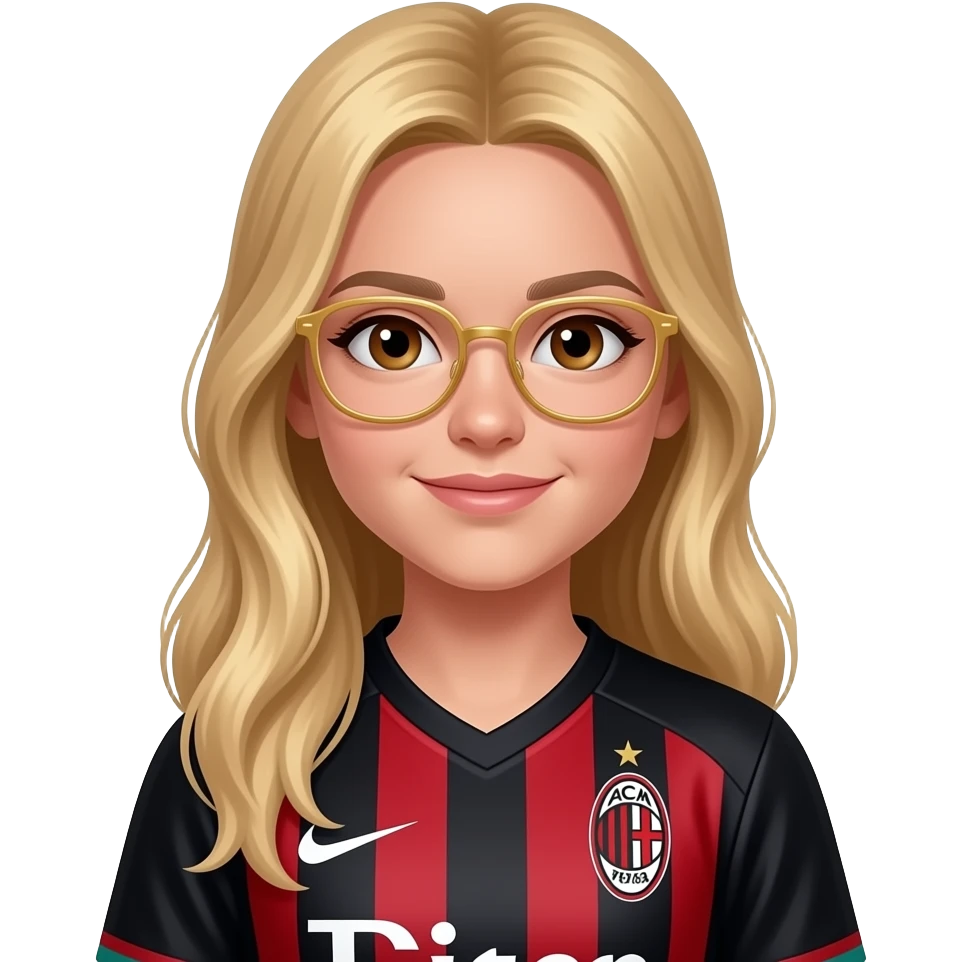 È una femmina ha i capelli biondi e lunghi  ha gli occhi marroni e ha gli occhiali oro ha 12 anni e adora il ACM Milan e la maglietta è del ACM Milan Metti uno sponsor emoji