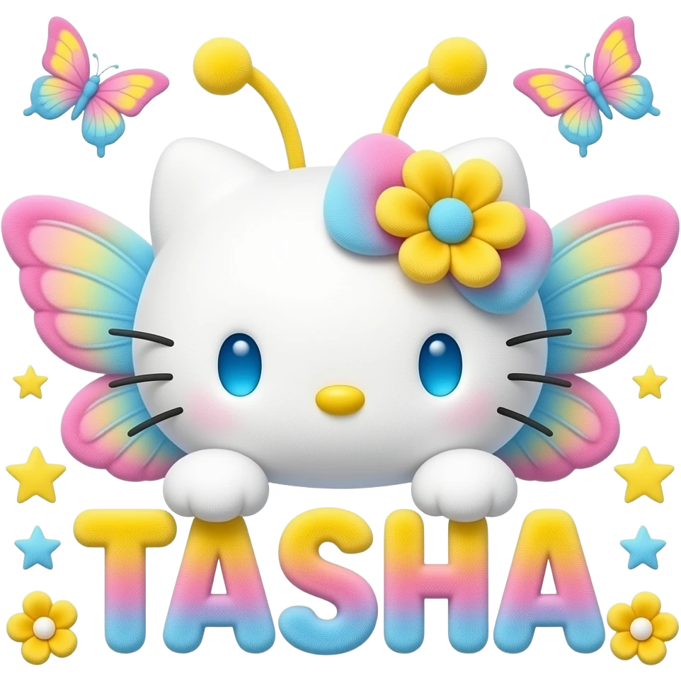 White velvety fur 3D hello kitty head with yellow pink blue gradient 3D ...
