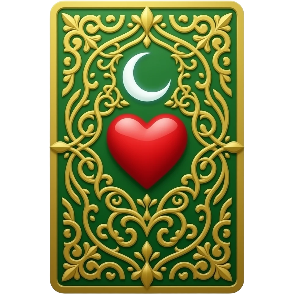 emerald green tarot card with red heart and white moon, beautifully embellished and ornamented emoji