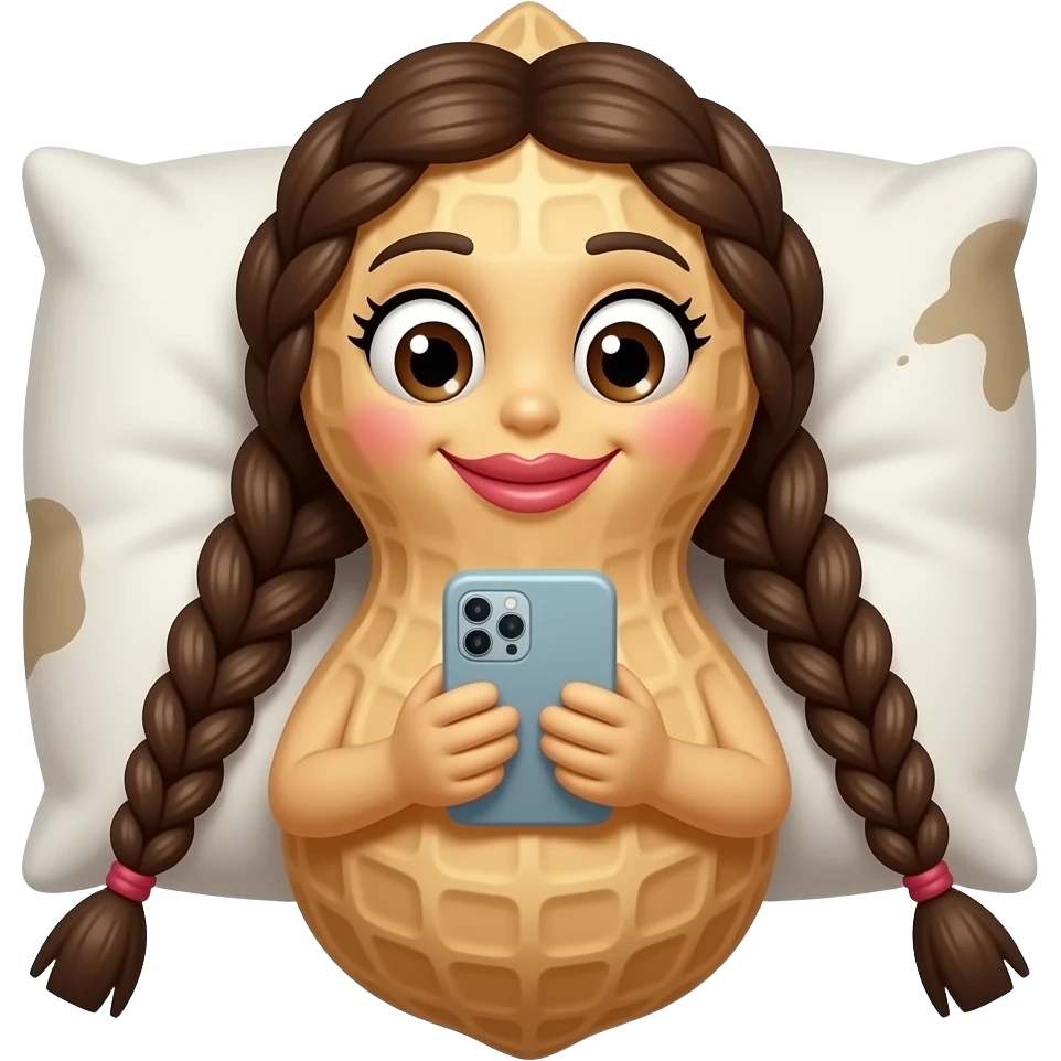 An anthropomorphic peanut with individual braids and a cute smile and plump lips, laying on a dirty pillow looking at her phone emoji