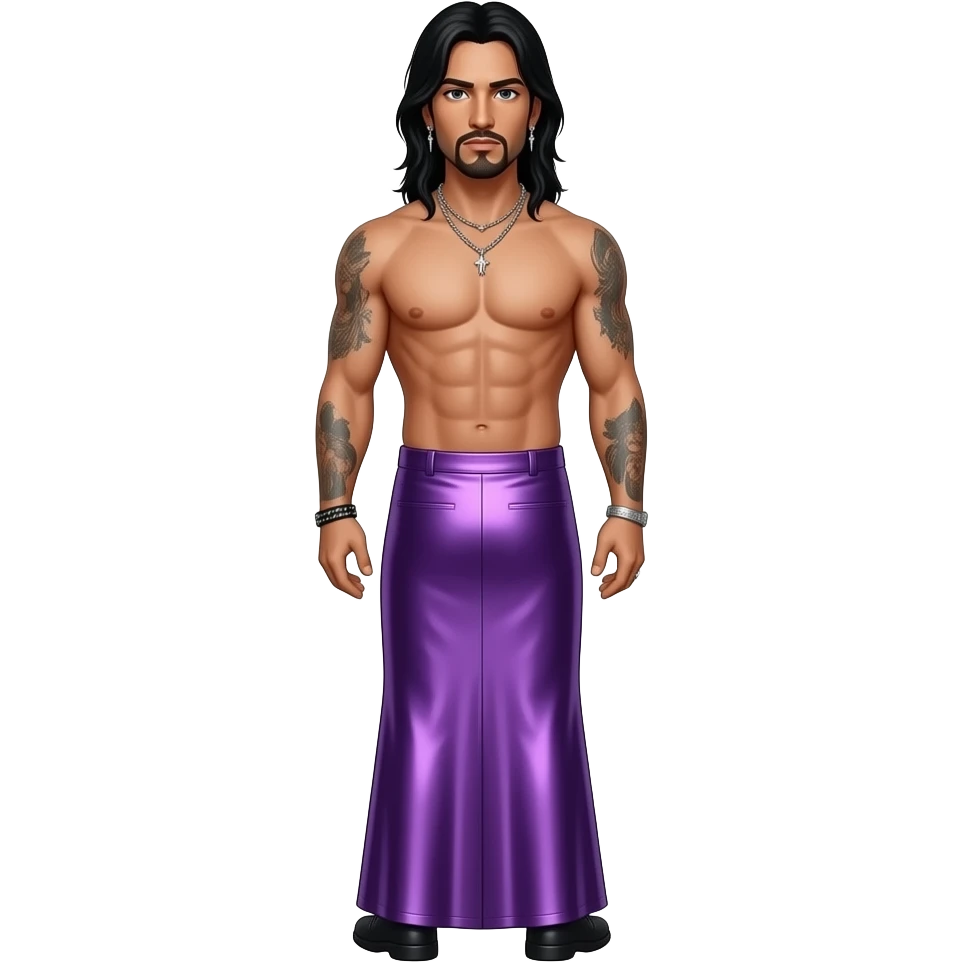 Jonathan Davis from behind with long black hair, purple metallic long skirt, shirtless with necklace and earrings emoji