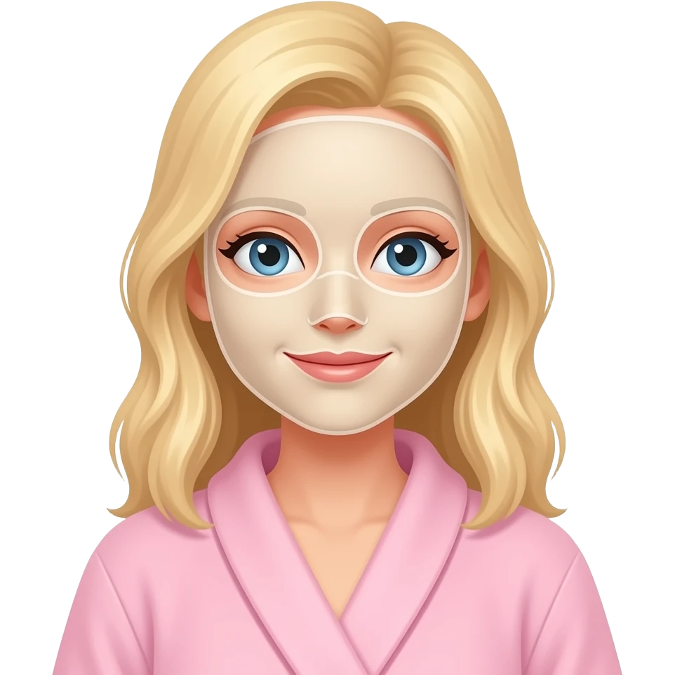 white girl light bronde hair wearing a beige facial care mask and wearing light pink bathrobe emoji
