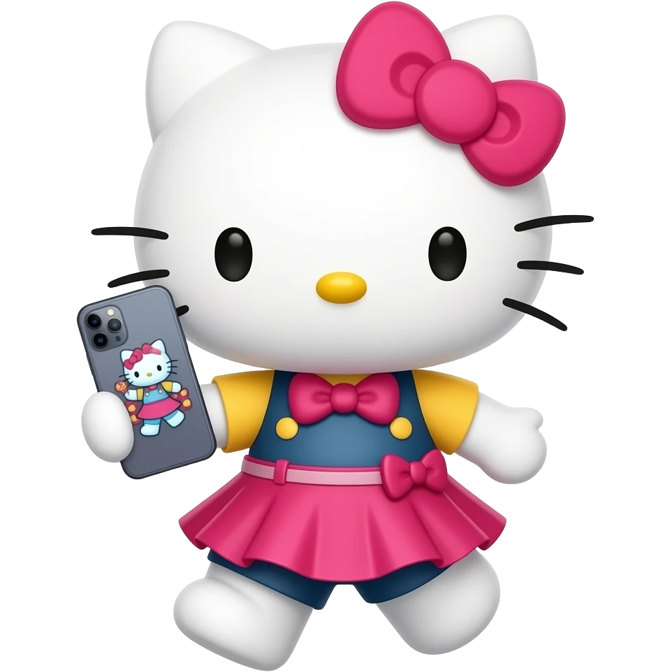 Hello kitty in a skirt  happy dancing with an iphone in their hand emoji