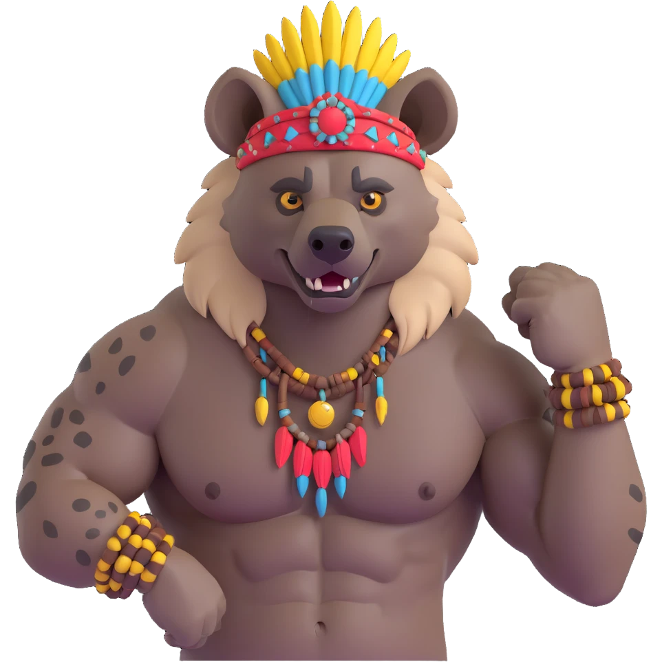 A native strong buff hyena with war bonnet flexing posing  emoji