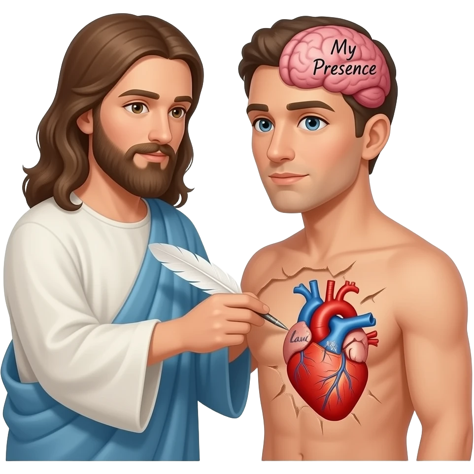 God using a quill and writing on the open heart of a man the word "law" Next to him, there is a similar scene with God writing onto a man's brain "My Presence" each man is distinct from the God writing on their hearts emoji