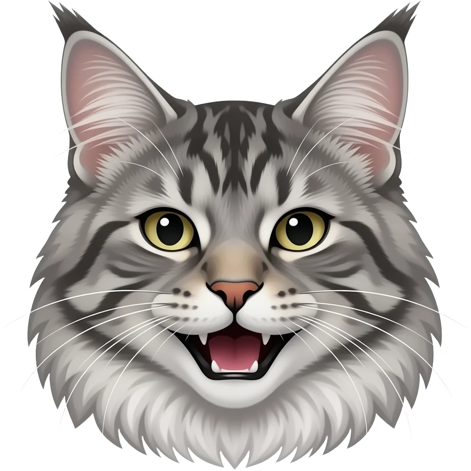 Silver tabby maine coon with laugh, more fur, thin, only head emoji