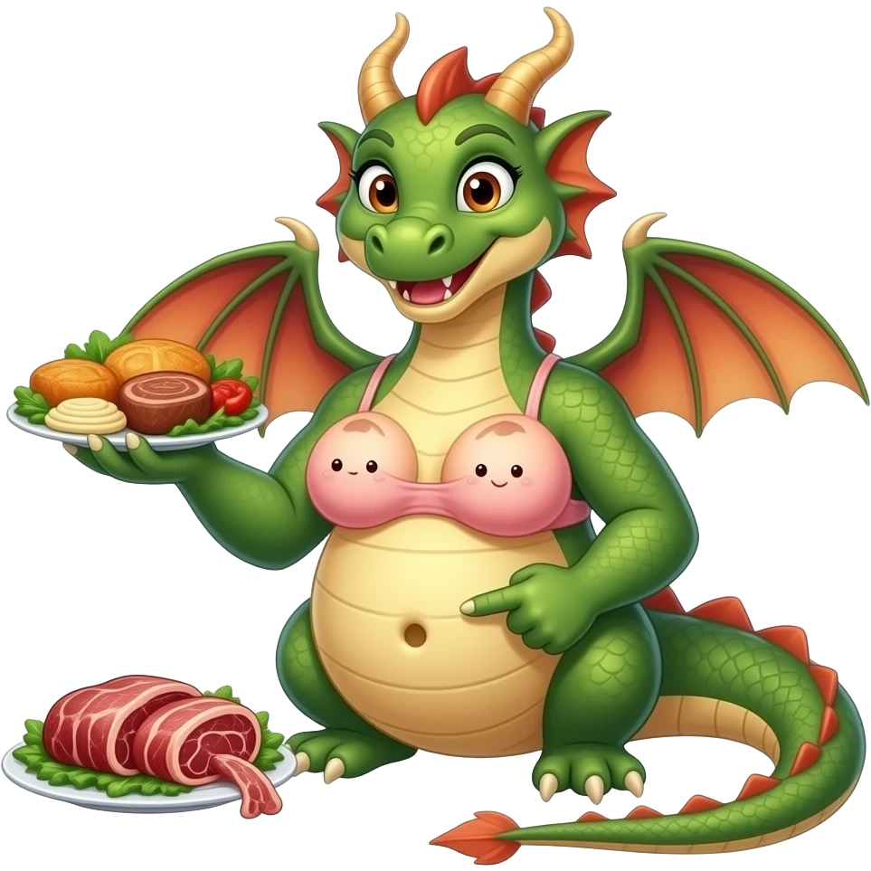 A female eastern dragon,enjoyed a meat buffet,now she pretends she has a twin baby bump,she sticks out her big full stomach,she is just perfect pointing cutely at her food baby,it is a guessing game with her bun in the oven,but she knows she is just fat,her bellybutton makes agreement with clues. emoji