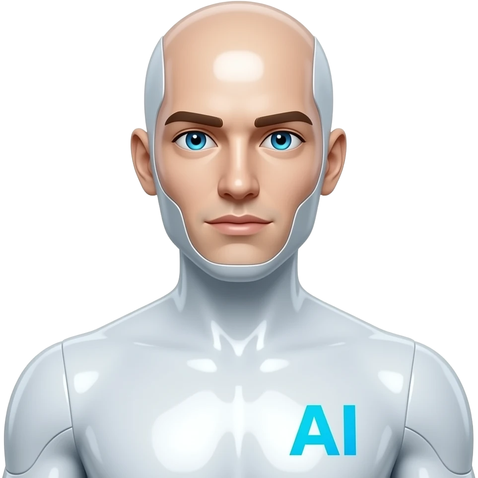 Erstelle eine sexy männliche Science-Fiction AI mit durchsichtiger weißer und glänzender Plastik artigen Haut, das Gesicht und Körper auch. er hat keine Augenbrauen und keine Haare. Ein AI Logo als Schrift leichten blau auf seiner rechten Brust und seine Augen leuchten  auch blau emoji