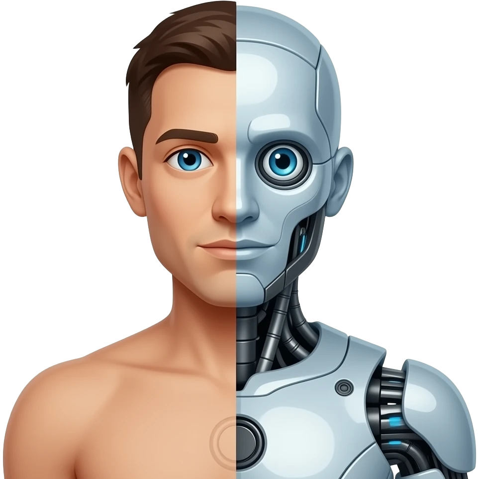emoji of a man face, half human, half robot. body as well half human ...