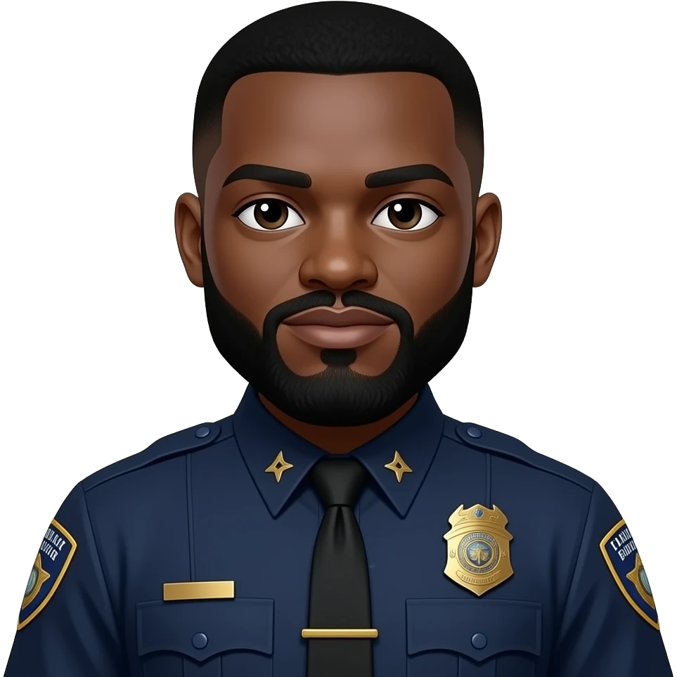 black officer with full beard and tapper haircut with gold star and nothing on collar and gold tie bar emoji