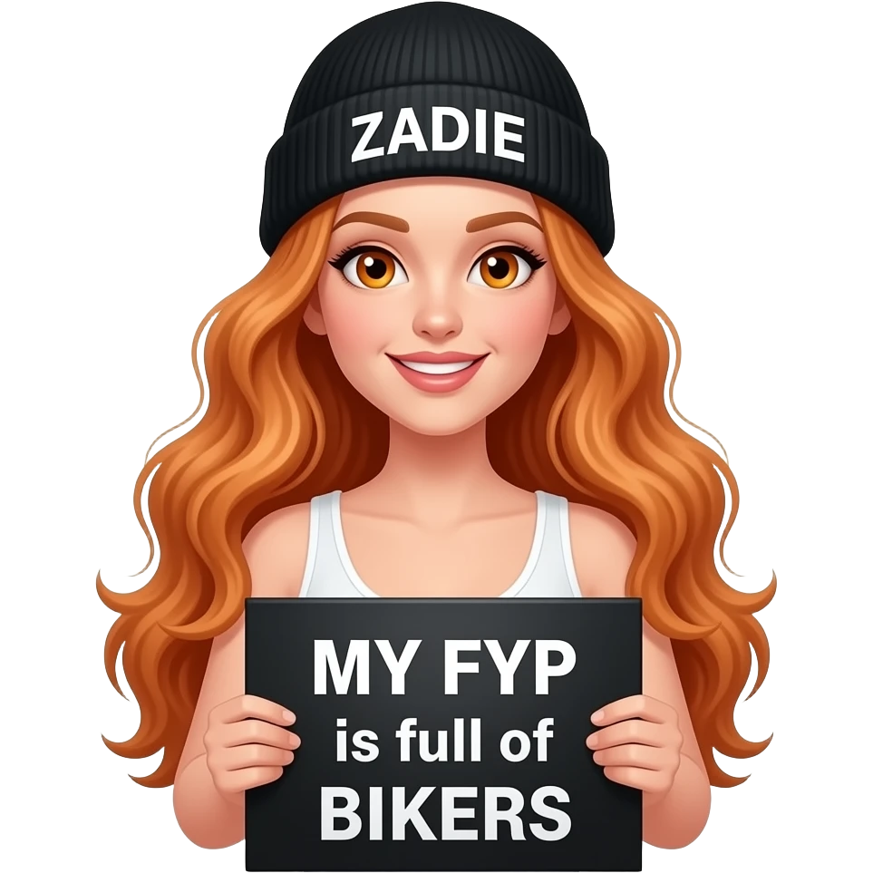 sexy girl with overlong wavy ginger hair and ginger eyes wearing a white tanktop and a black beanie with ZADIE written on it, is holding a black sign with MY FYP is full of BIKERS written on it emoji