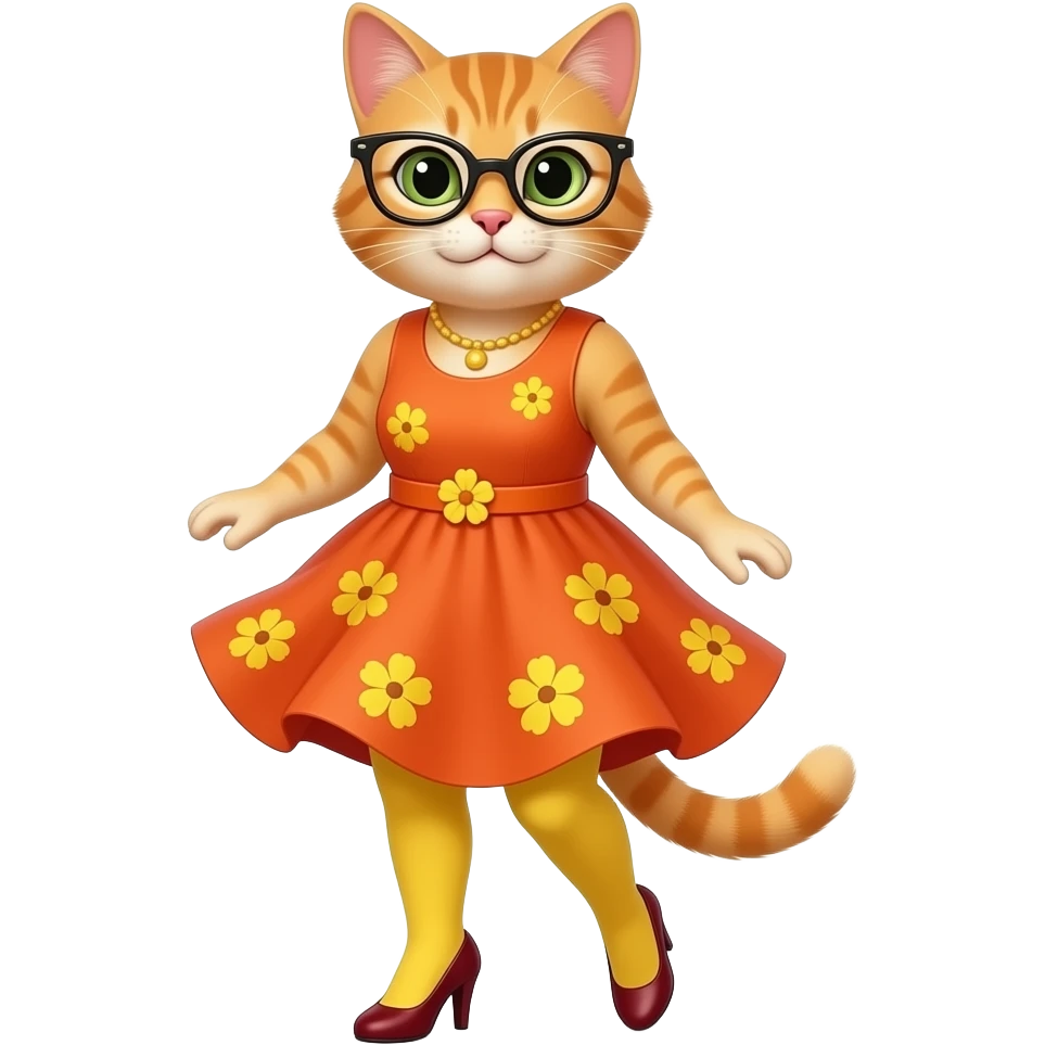 Mrs.Kat(Wolfoo's Teacher(Orange-Yellow Mother Cat Of Kat(With Orange Short Dress With Yellow Flowers Without Plants Without Sleeves With Tiny Orange Belt With Yellow Flowers Without Plants, Dark Red High Heels Shoes, Black Eyeglasses And Visible Yellow Shorts(Like Leggings))))With Windy Dress. emoji