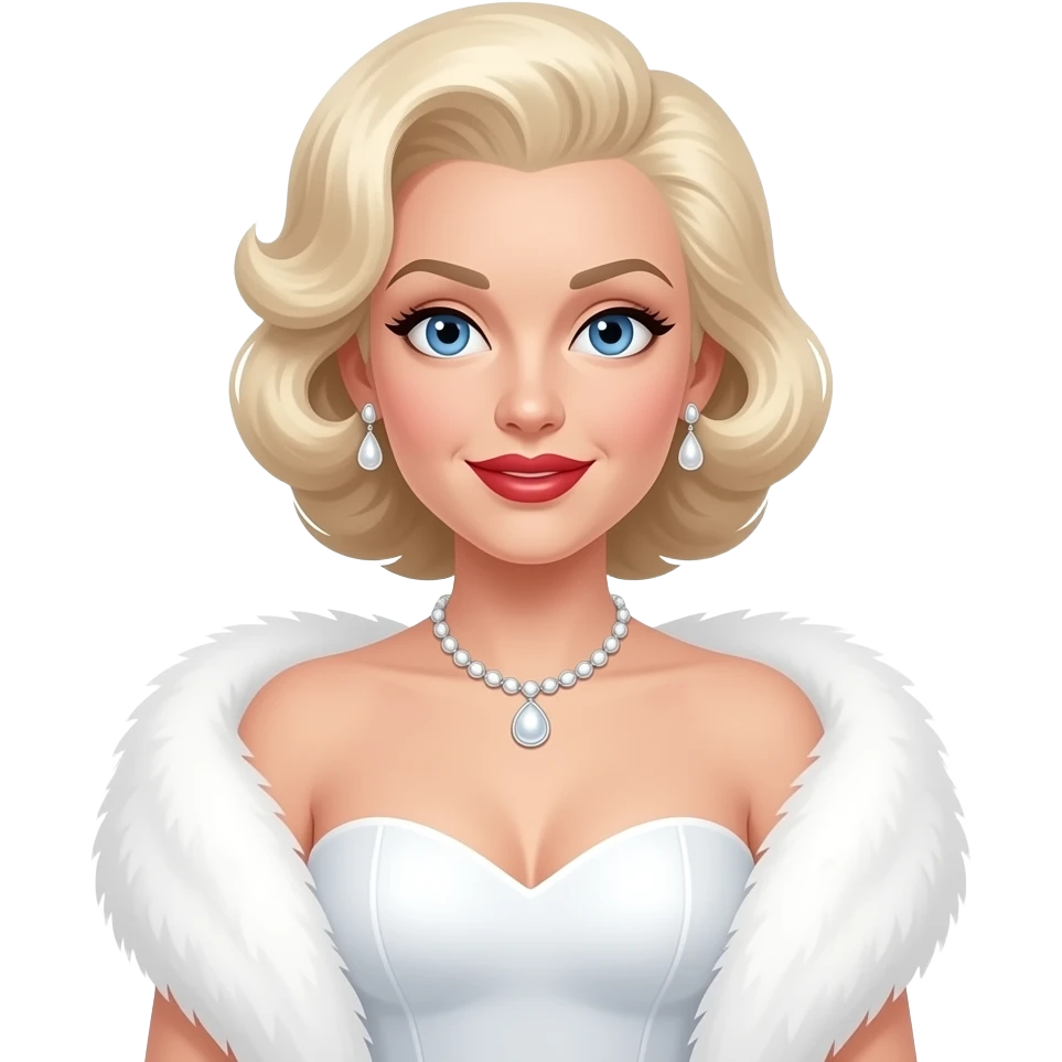 Madonna with blue eyes, white blonde pin-up hair, white sweetheart dress, white fur shawl, necklace and earrings emoji
