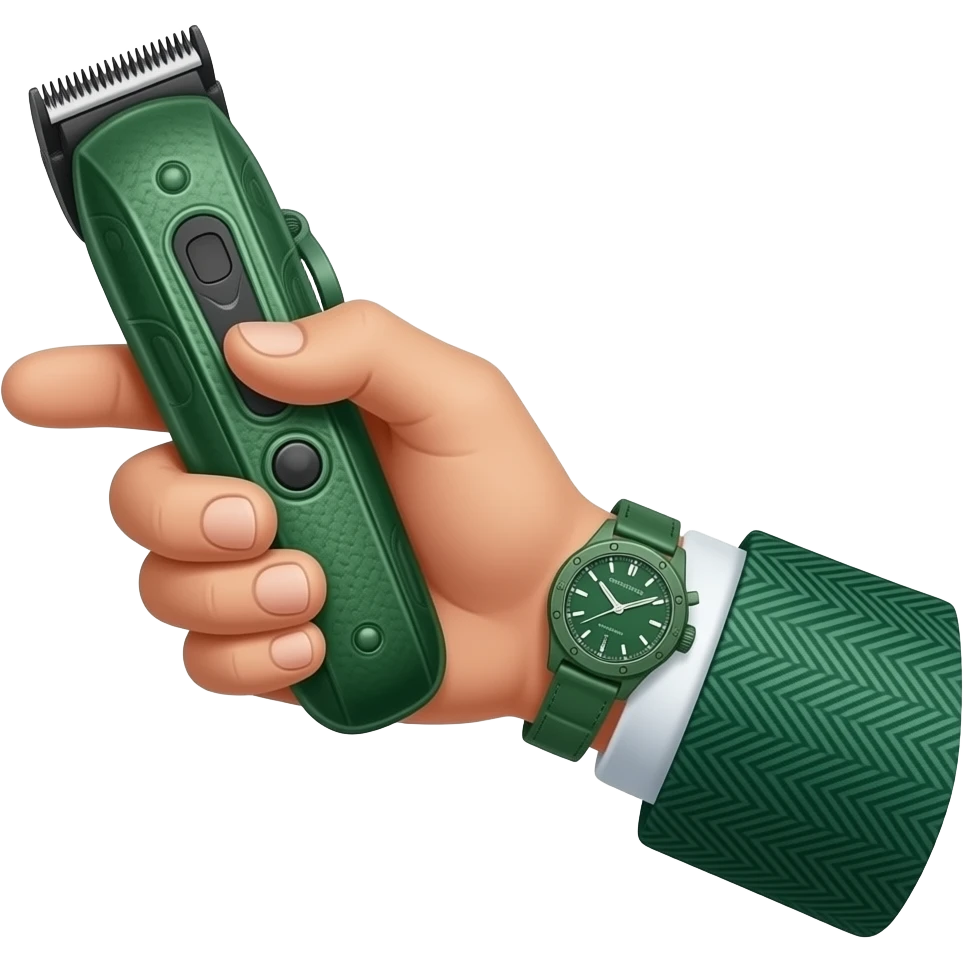 hand from outside view, single hand, green herringbone sleeve, white cuff, green richard mille watch on back of wrist, gripping green leather barber trimmer. emoji