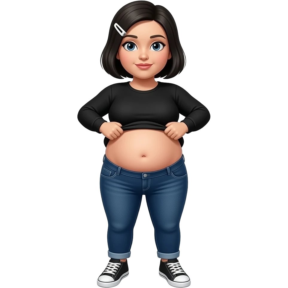White woman with black short hair, white hair clip on the left of her hair, plain black long sleeve shirt, dark blue jeans, white and black sneakers, and a chubby body lifting her shirt to show her belly line emoji