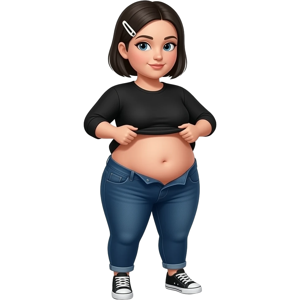 White woman with black short hair, white hair clip on the left of her hair, plain black long sleeve shirt, dark blue jeans, white and black sneakers, and a chubby body lifting her shirt to show her clean chubby belly emoji
