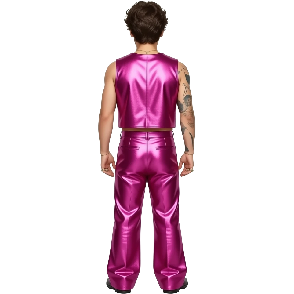 Harry Styles from behind with hot pink metallic vest, hot pink metallic baggy pants, shirtless emoji