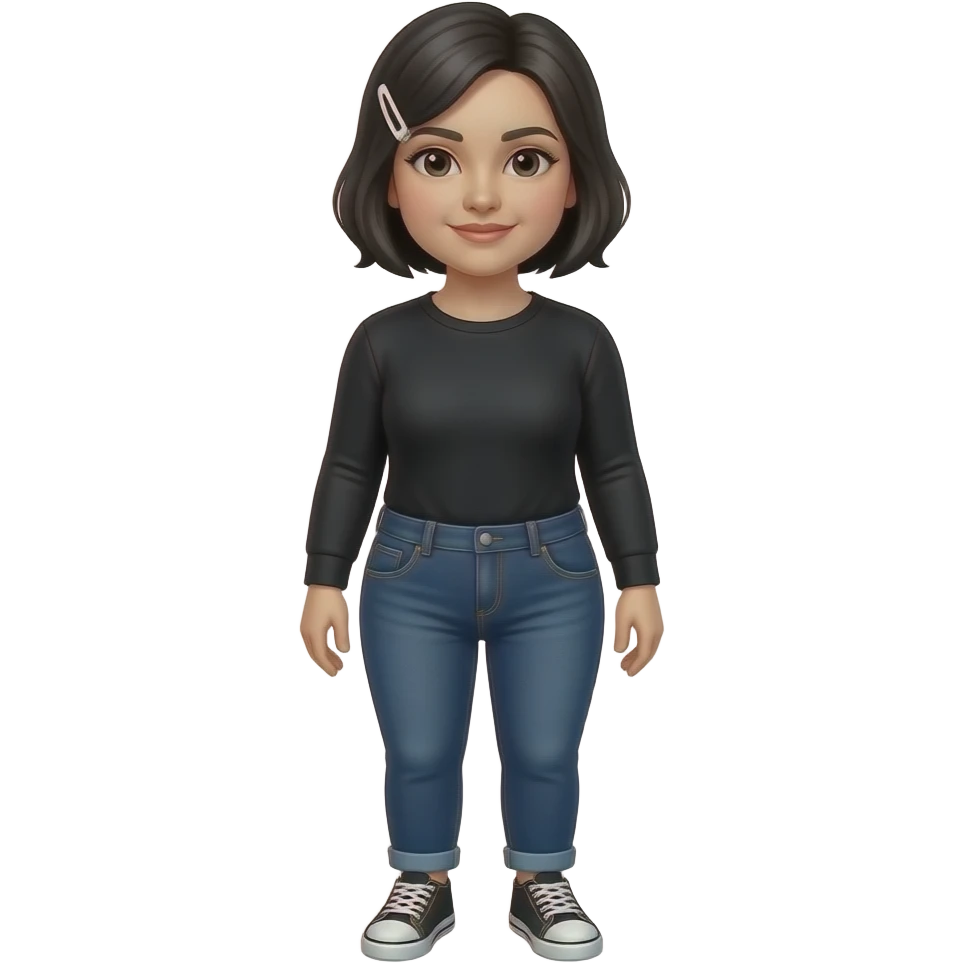 White woman with black short hair, white hair clip on the left of her hair, plain black long sleeve shirt, dark blue jeans, white and black sneakers, and a little bit chubby body emoji