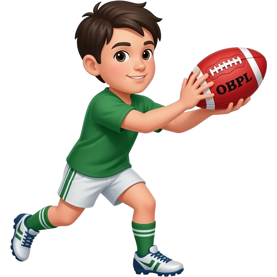 young boy wearing a green top and shorts, and football boots catching a red AFL football (remove the white lines from the ball emoji