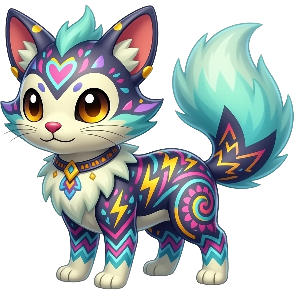Colorful unique fantasy original shiny smooth soft flurry edgy cool Civet-Absol-Sprigatito-Vaporeon-Fakémon-hybrid with tribal chevron heart floral lightning bolt strikes damask paisley markings emoji