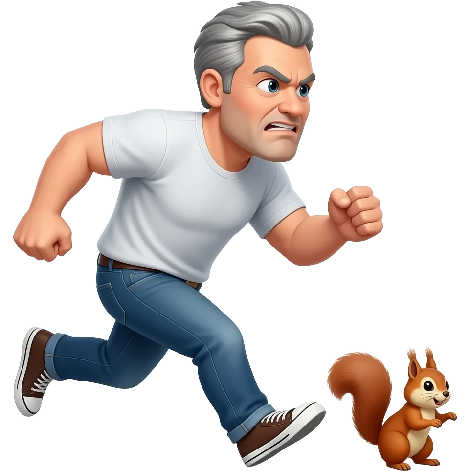 Mad angry Grey haired broad man casual chasing squirrel emoji