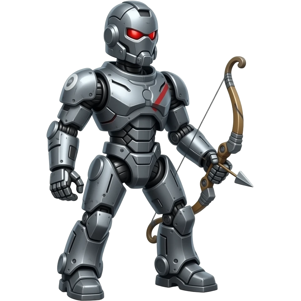 mechanical archer made of dark grey metal with black and red markings. emoji