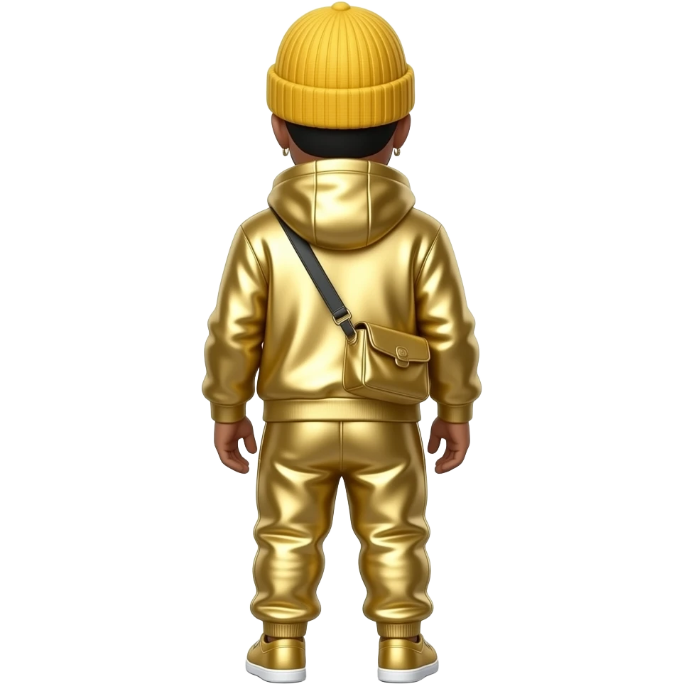 Ali G from behind with yellow beanie, gold metallic hoodie, gold metallic baggy joggers, necklace emoji