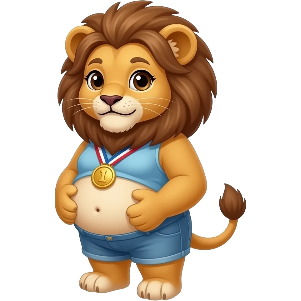 A humanoid girl lion cub,poses for the camera,have in the cutest side view of her young body,but also she is cradling and patting her rather large belly,so she is kind of fat,Bellybutton,she had just won an eating contest while gaining weight in the process,A full Tummy as an award. emoji