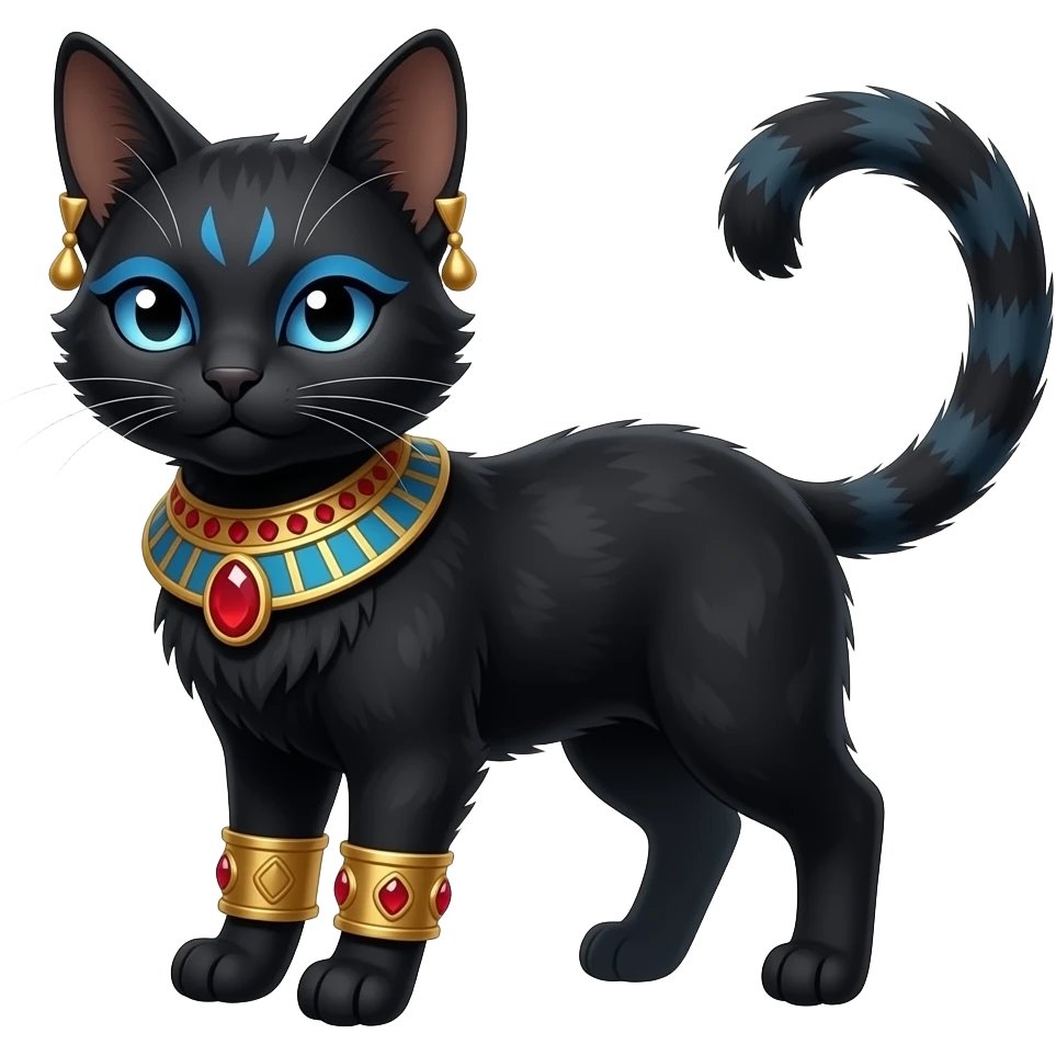 Realistic furry fuzzy Black godly overpowered ethereal majestic oriental ancient Lykoi-Caracal-Cat-Fakemon. With gold bangles, red rubies, Egyptian blue eye corner markings makeup, long thin tufted tail, long tufted ears emoji