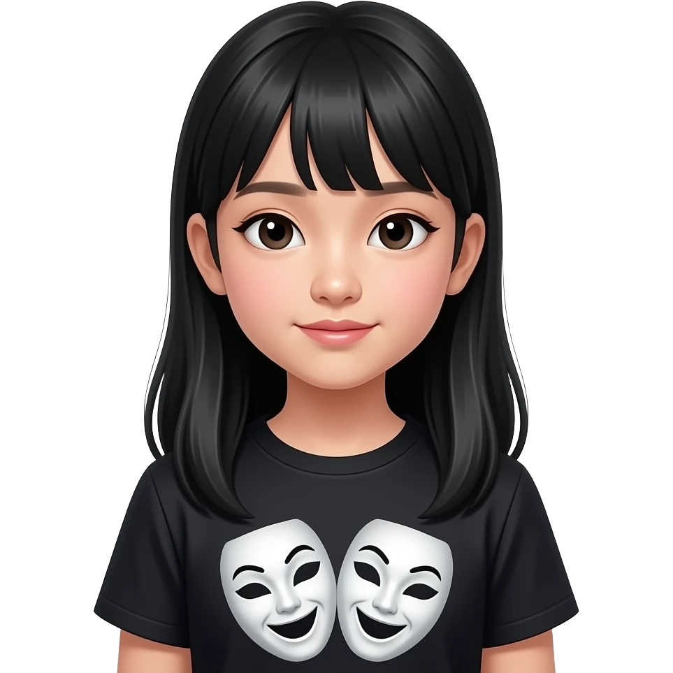 Ha i capelli neri e cinese si trucca pochissimo e si veste abbastanza elegante Ed e una femmina Ha 11 anni e la maglietta e con le maschere del teatro Ha il viso da 13 enne ha i capelli lunghi e non ha la frangetta Togli la frangetta emoji