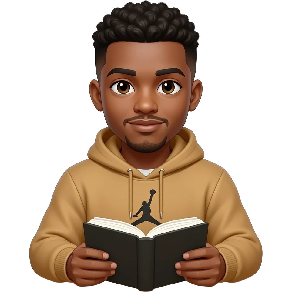 make me a 22 year old black skin colored man with a brown low taper fade with textured hair with a jordan tan hoodie and he has a book infront of him looking at me sitting at a table and i can only see his higher half emoji