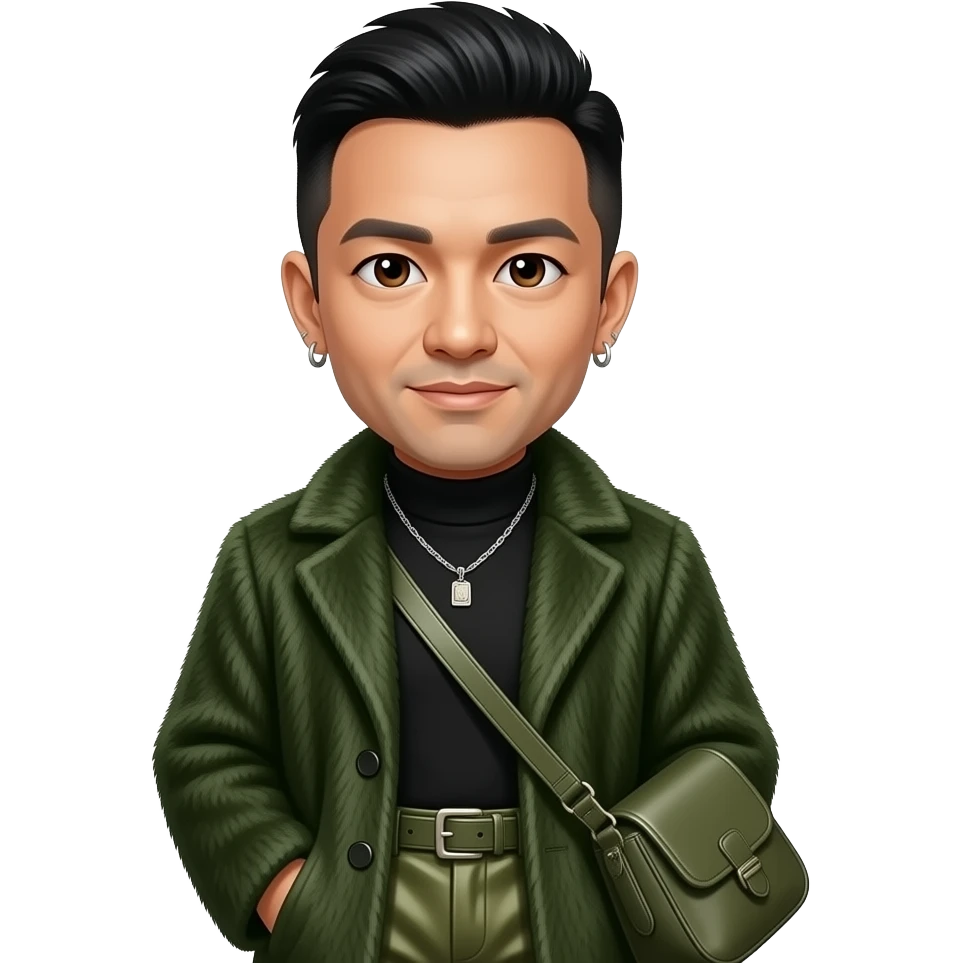 Mike Shinoda with dark brown eyes, black hair, black turtleneck shirt, dark green fur coat, olive metallic baggy pants, necklace and earrings emoji