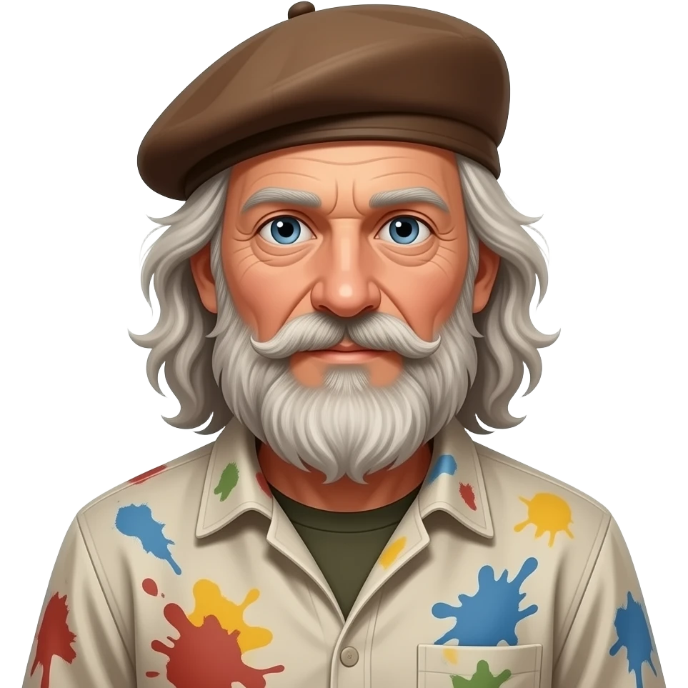 long hair old artist with beret paint-splattered smock emoji