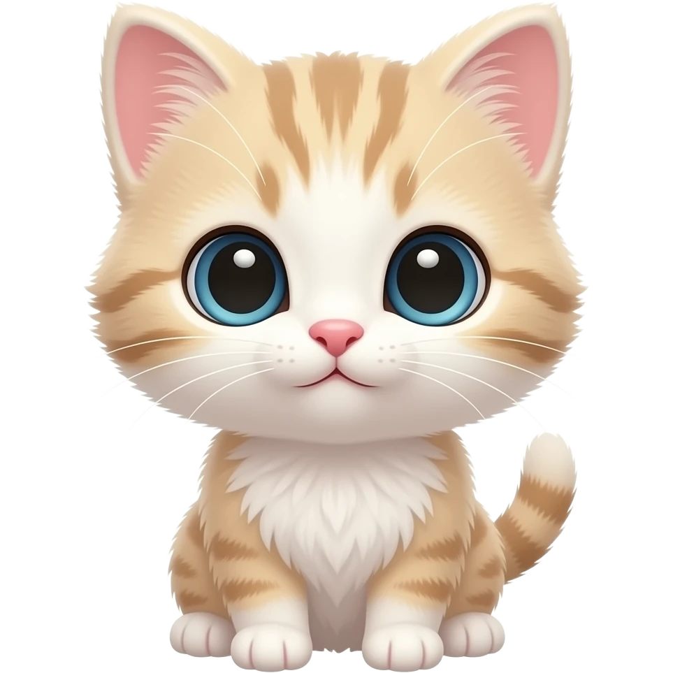 Baby kitten emoji, innocent big eyes, tiny ears, small pink nose, soft cream fur, adorable rounded 3D emoji icon emoji