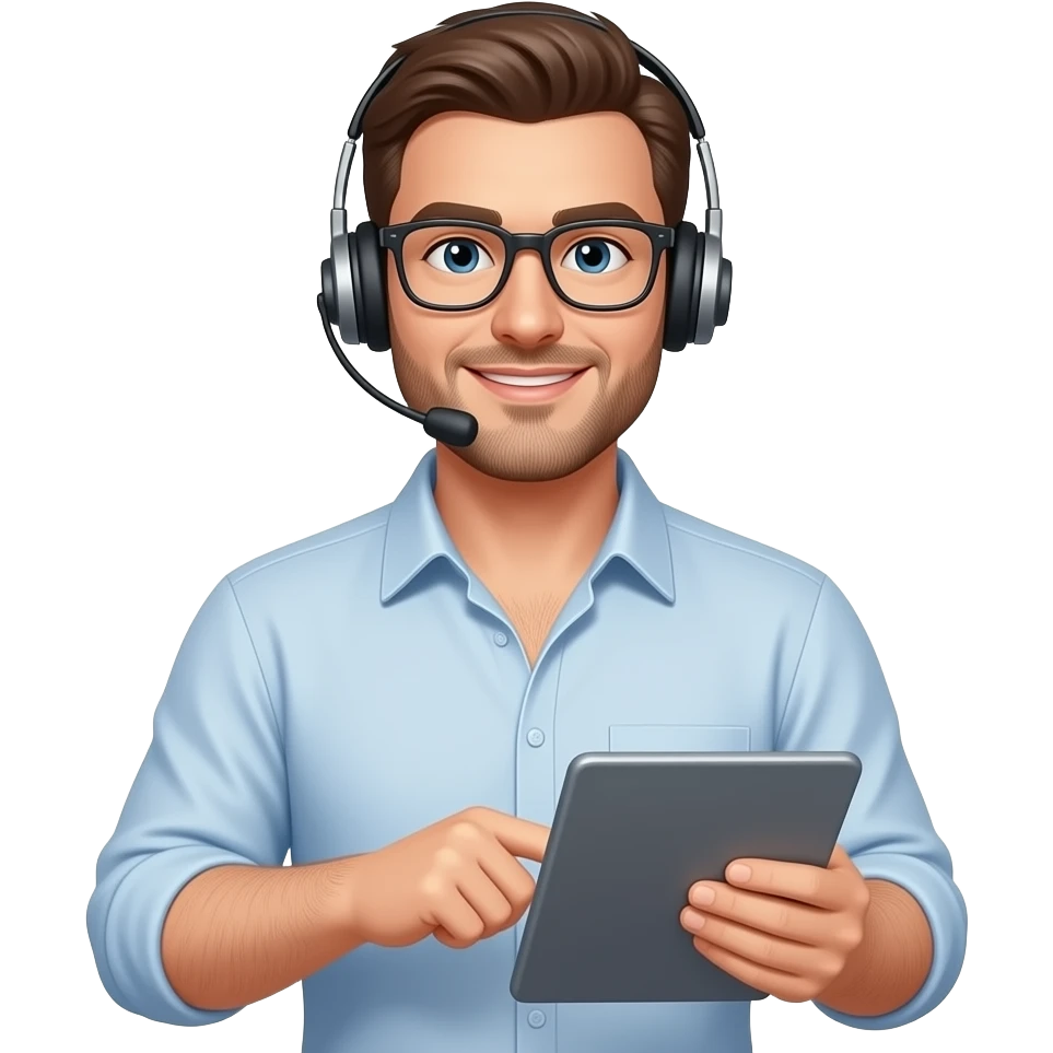 Portrait von einem typischen männlichen Büromann, mit weit geöffneten Hemd und behaarter Brust. Er hat ein headset um den Kopf und eine Brille auf und ein Tablett in der Hand emoji