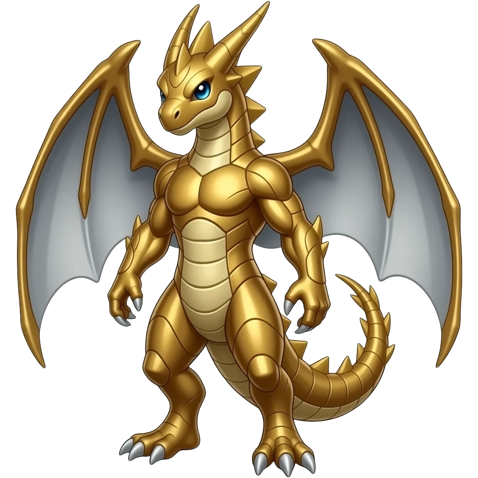 Metallic golden bronze silvery angelic Salamence-Tyranitar-Brony-Vernid-Fionbri-Fakémon-animal-hybrid, full body emoji
