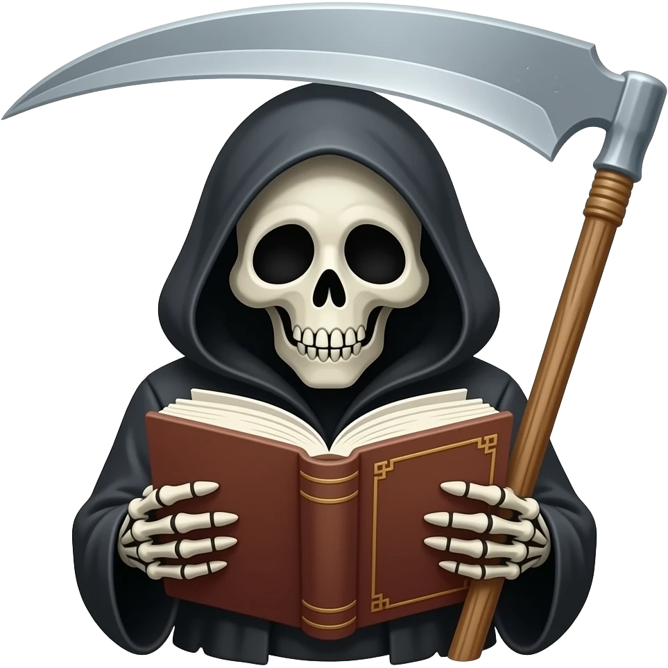 Grim reaper reading a book with a scythe emoji