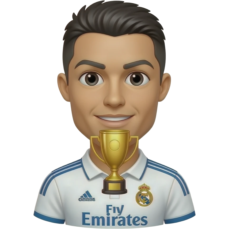 Cristiano Ronaldo emoji avatar, Real Madrid jersey, cute cartoon style. One medium identical golden trophy floating under the chin. emoji