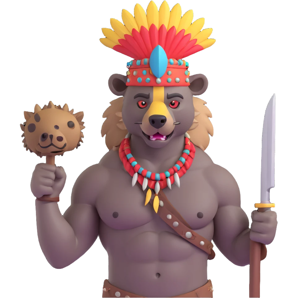 A native strong buff hyena with war bonnet flexing posing full body holding a chopped off human head by the hair  emoji