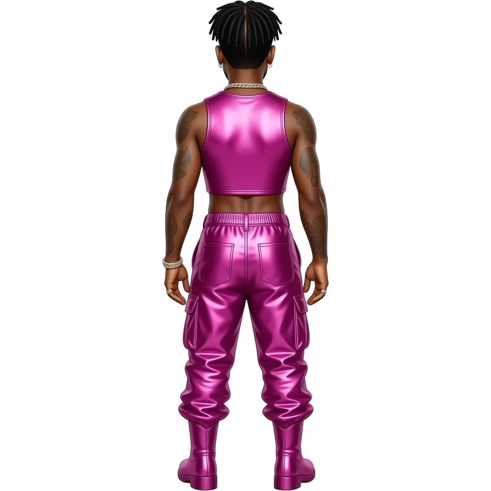 Lil Nas X from behind with black hair, hot pink metallic crop top, hot pink metallic baggy pants, fuchsia metallic boots emoji
