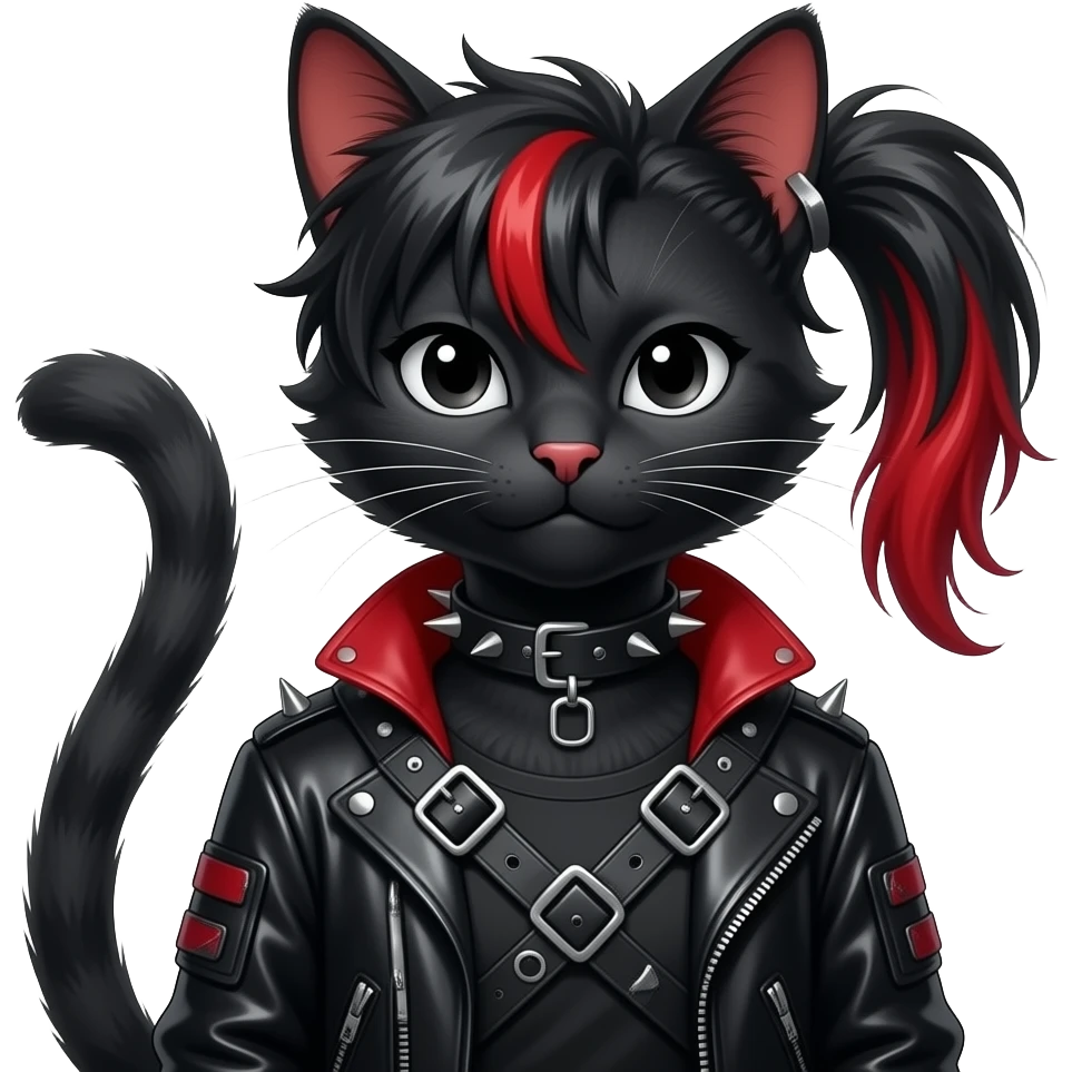 Gorgeous gothic dark techwear anime style anthro cat furry sona with blushing face aesthetic and pretty edgy black red punk messy ponytail hair with collar and harness trending style emoji