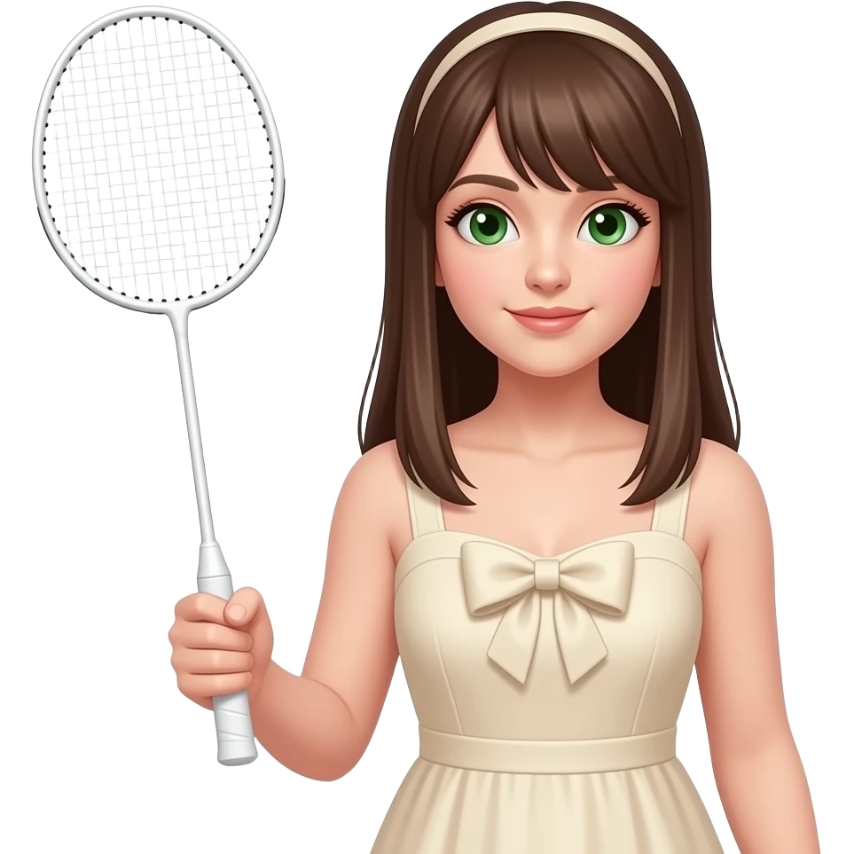 a closeup picture of a 24 year old girl in a cream dress with a bow with long straight brown hair and green small eyes and a bagminton white racket naturally in hand emoji