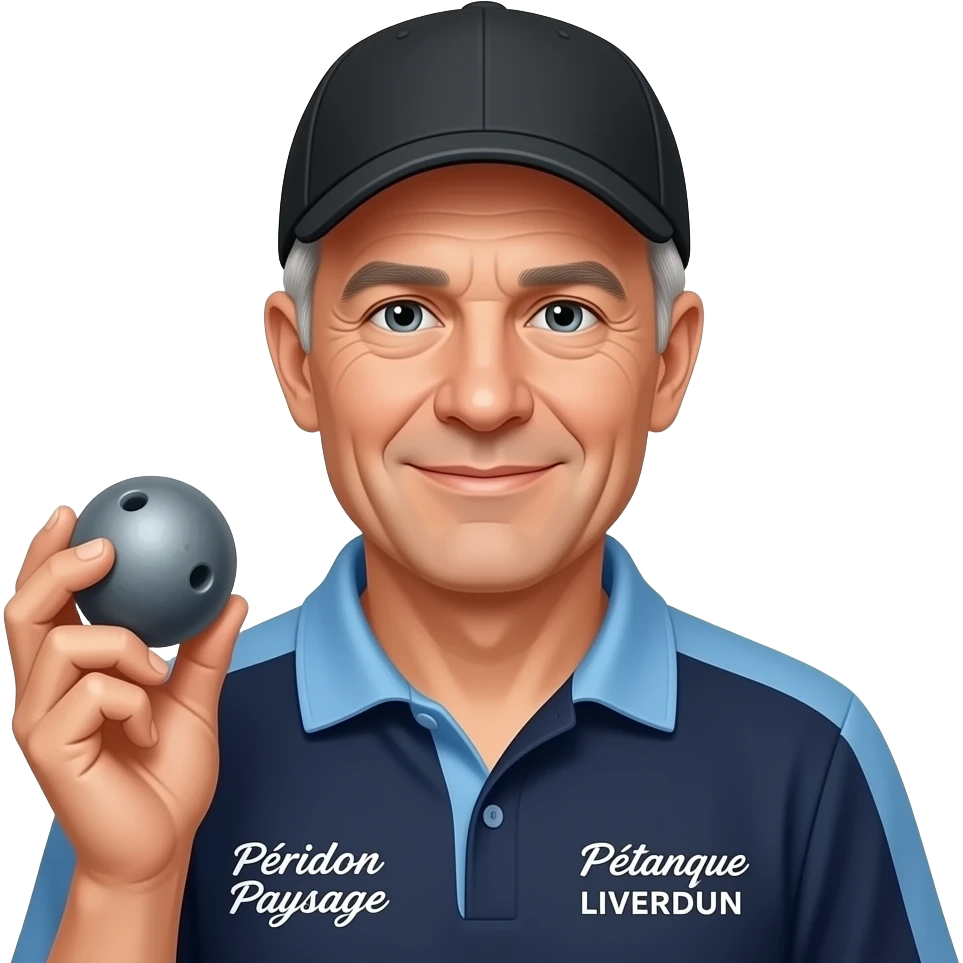 tête homme 70 ans sous casquette noire avec boule de pétanque grise sur maillot bleu foncé avec col trois boutons bleu clair épaules bleu clair coté droit Pétanque LIVERDUN, côté gauche "Péridon Paysage" emoji