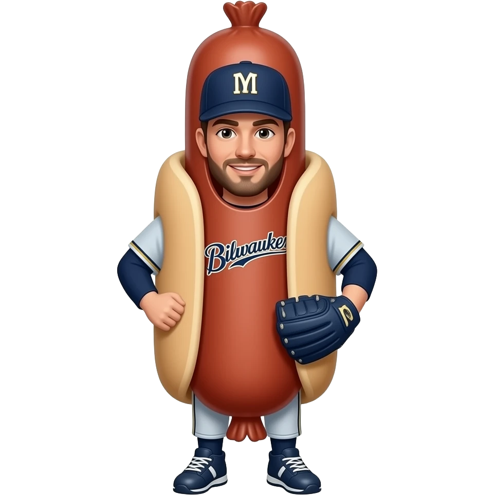 Baseball player in a sausage costume that says Milwaukee Brewers spelled correctly emoji