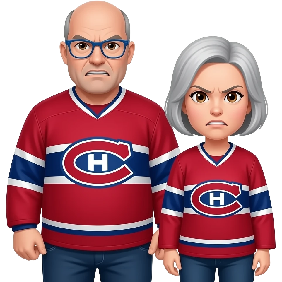 Both Extremely Angry 50 year old 170 lbs man, completely Bald, no hair, brown eyes, wearing blue glasses and montreal canadiens jersey with short light gray haired woman wearing the same emoji