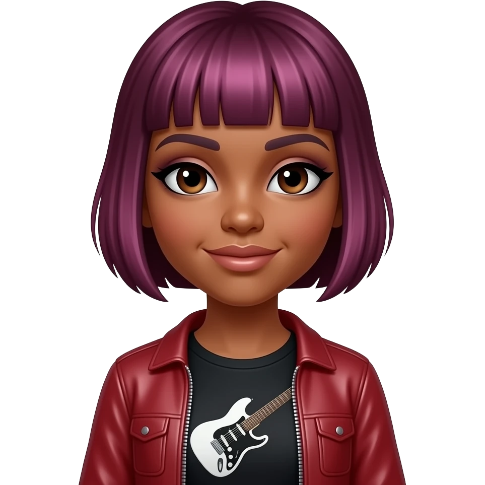 A black girl smoky eye make up dark pink hair, short hair, black top with guitar on it and leather red sweater emoji